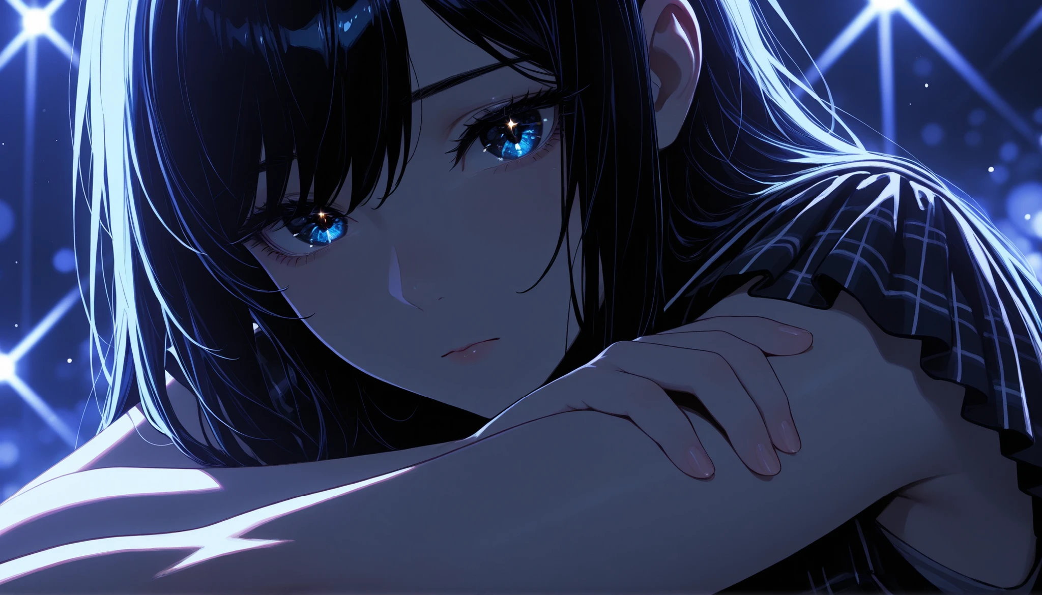 top quality, 8K, 4K, high resolution, High Contrast,Japanese idol standing on an outdoor stage, short skirt on the arm, quiet night,1girl, An adult woman with a sad expression, close-up, navy straight hair, Sparkling Blue Eyes, Surrounding people are shining