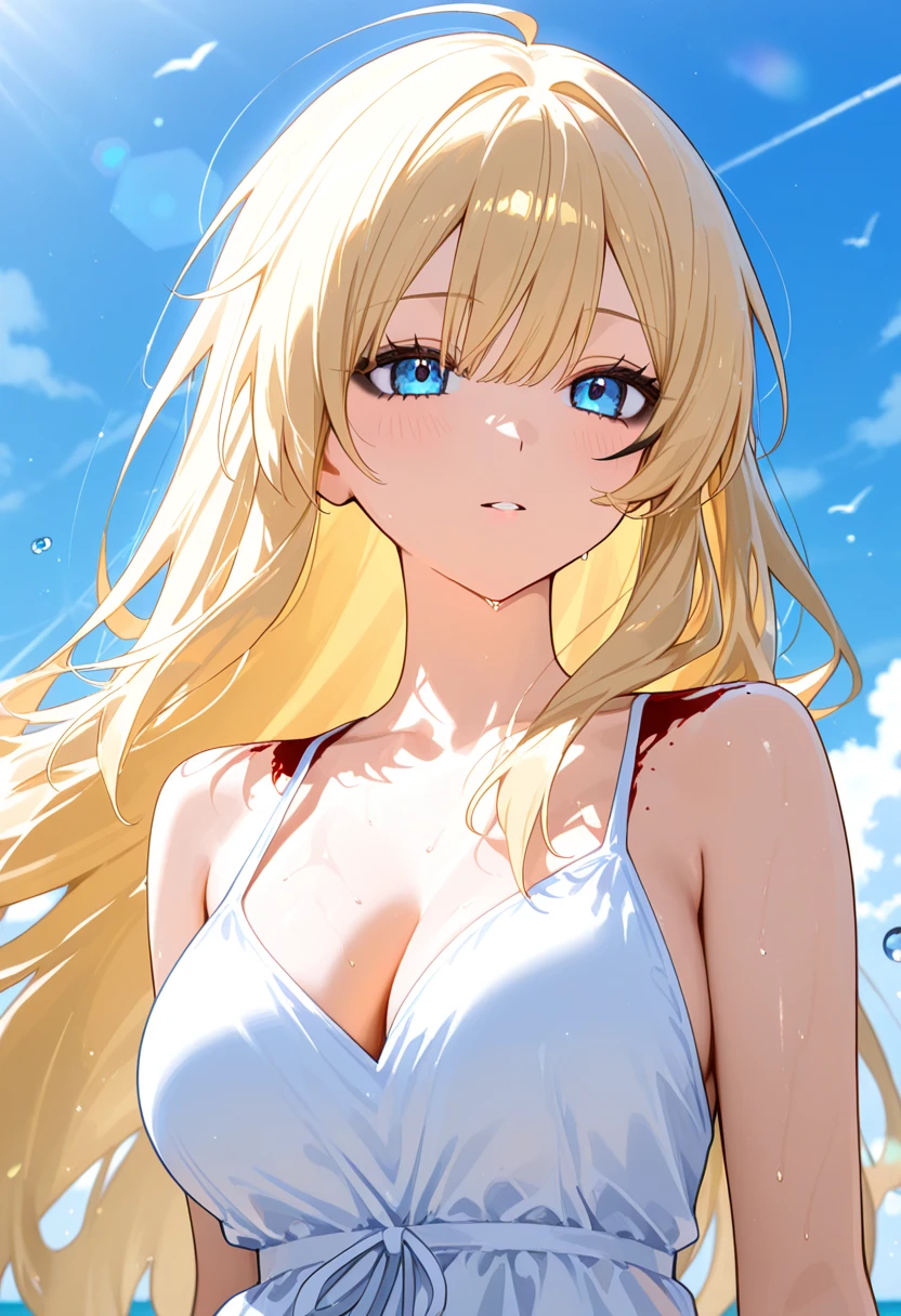 Official art、Top quality ultra-detailed CG art、a beauty girl:1.2)、a blond、Glossy hair、smooth hair、large blue eyes,Mid summer、kawaii、The sky is beautiful、medium cut、White competitive swimsuit、Smooth clothes、ssmile、It features a simple、Naked、
