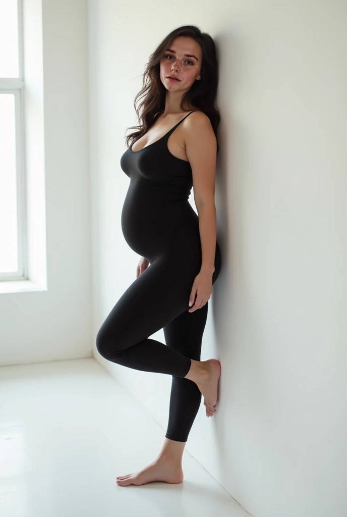 [[((young attractive Singaporean woman with strong Chinese Asian influence, a brown tanned complexion, long straight dark black hair, striking almond-shaped dark brown eyes, and a  frame:1.6)), ((Sophie Tan:1.5))]] wearing a black maternity long-sleeve top and leggings, doing a light workout in a stylish home gym. The background should feature modern gym equipment and a clean, well-lit environment, showcasing her dedication to staying fit during pregnancy.
