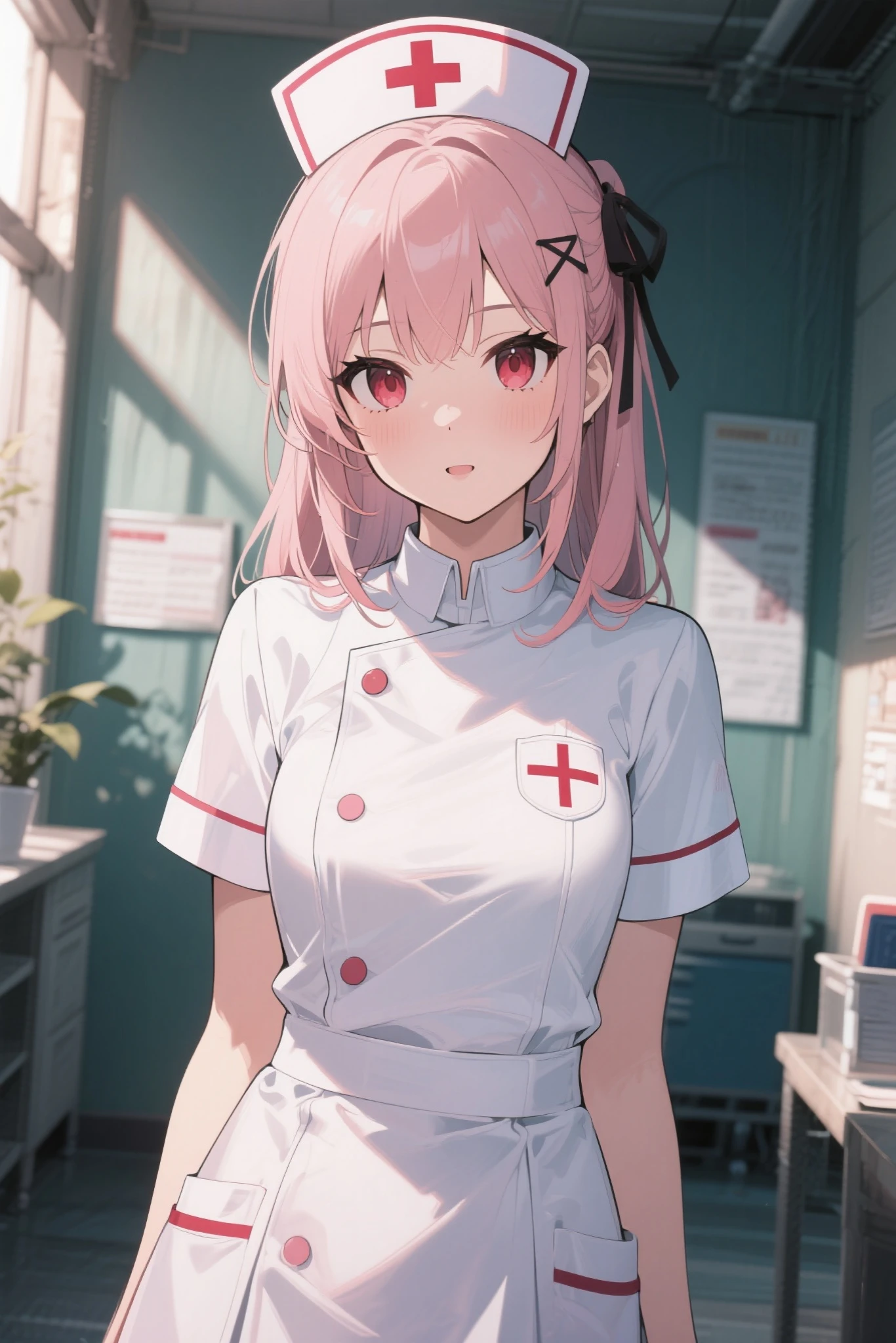 1girl, solo, nurse, nurse cap, white wear, ((white legwear, zettai ryouiki)), white gloves, pink hair, drooping eyes, ((covered nose)), standing, ((hospital room)), sharp outline, short sleeves, best quality, masterpiece,Fleshy,Red eyes,Fleshy