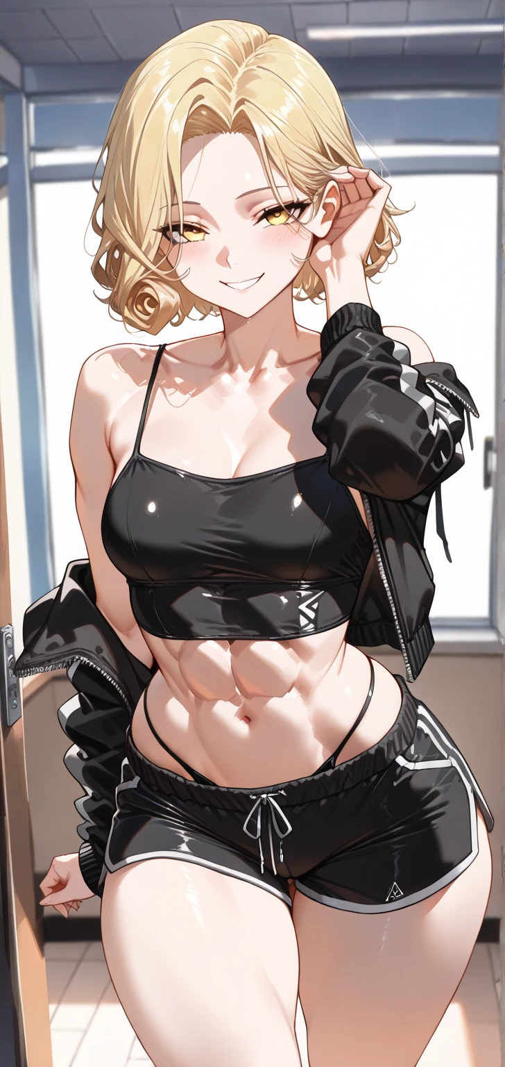 masterpiece, best quality, blonde messy hair, green eyes, headband, maid, kitchen, upper body, strong abs, hands on hips, leather collar choker