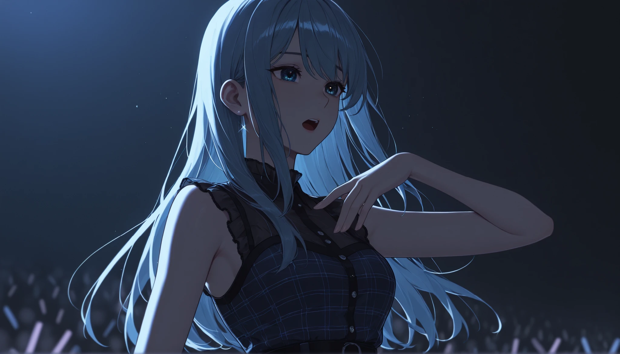 top quality, 8K, 4K, high resolution, High Contrast,Japanese idol standing on an outdoor stage, short skirt on the arm, quiet night,1girl, An adult woman with a sad expression, Singing like humming, A cappella, close-up, navy straight hair, Sparkling Blue Eyes, Surrounding people are shining