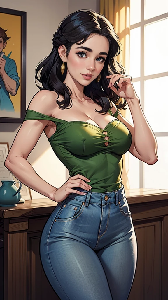 Com um dragão Ennifer Connelly, very long to the waist and half curly with bangs, seios pequenos, olhos grandes com um brilho apaixonado, olhos verdes mel, Um lindo sorriso, vestindo uma camiseta preta longa com um terno feminino verde e jeans, in a serious and sweet comic-style pose, alta qualidade Jennifer Connelly personagem mulher estilo Jennifer Connelly com marcas de guerras Imagem de desenho animado de uma mulher .Ilustra??o estilo desenho animado, estilo de arte dos desenhos animados, estilo de arte dos desenhos animados, digital illustration style, estilo atompunk projeto de pessoaagens altamente detalhado, arte digital detalhada coragem, Forest Fan Art, Design de personagens de retrato, beautiful digital illustration, retrato de alta qualidade, Arte em quadrinhos, mulher jovem cabelo com transas lindas . Queen Anna by Jennifer Connelly lined eyes Medium large bust and wonderful sexy clothes. image expression of sexual desire from waist to head illustration Queen Anne of Arendelle atompunk style Fallout 4 style pose playboy magazine sensual witch Character cartoon style facial expression happy beautiful smile and six medium small portrait mode waist up with lots of gold around her other stones portrait precious mode waist up queen of the south Jennifer Connelly GTA scenery dominatrix gold coins chest with jewelry with her boyfriend, um homem com barba preta, armado com um estilo militar, Jennifer Connelly Turnaround sheet Creates multiple images in different poses of the same cartoon character:1.2), Woman from Southern Brazil Drawing Art Gaucho Artline white background woman Cartoon image of a woman , roupas sensuais , garota Personagens GTA estilo artgerm femininas Yvonne Strahovski estilo de desenho garota,, pequeno, shy, bunda grande, catholic nun outfit , dynamic pose, Quente, soft or colored lips, fundo simples, perfect hands, anatomia perfeita, Apoie-se no estilo cartoon de Jennifer Connelly