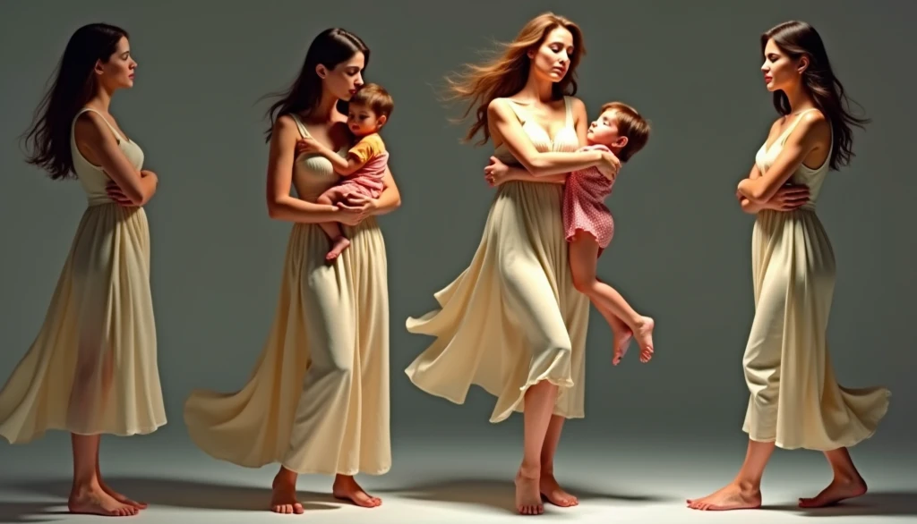 Sexy 45 year old woman with big breasts and big butt with pubic hair walks on a haute couture catwalk in a thong and bare breasts with white heels in front of her 15 year old son