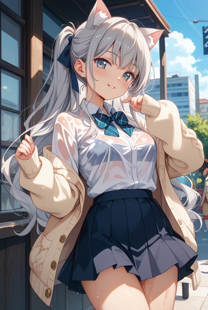 masterpiece, best quality, ultra detailed, 1girl, dark skin, twin tails, pleated skirt, thighhighs, cardigan, show striped panties, skirt fluttering in the wind, put hands hip, 