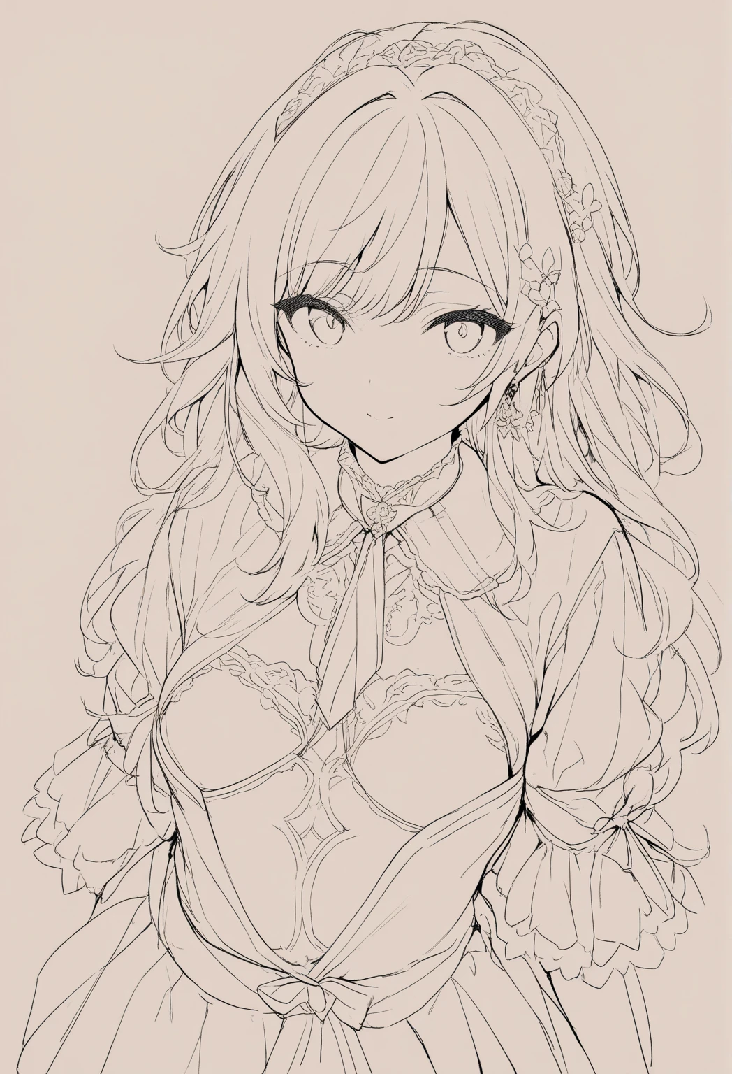 masterpiece, superlative, attractive female, curly short hair, solo, bust closeup, topless, white background, monochrome, line drawing, ((sketch))