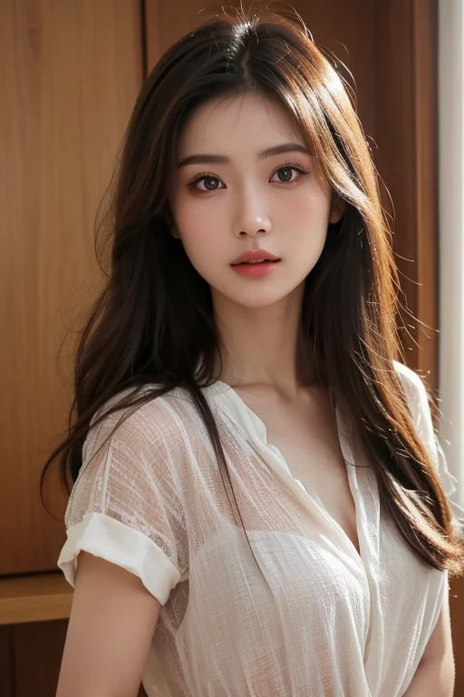 Best quality, Realistic, Photorealistic, extremely detaile, An extremely delicate and beautiful, RAW photo, 4K,8K,Professional lighting, Dynamic lighting, light in face, Depth of field, solofocus, Upper body photo, Japanese and Korean beauties，South Korean beauties，A 20-year-old female, Brown hair, Brown eyes, Teethless，Fashion girl, Beautiful eyes, Large breasts，perfect boobs，Real face, Real skin, Realistic face, Realistic skin, Detailed eyes, Detailed facial features, detailed clothes features,Translucent clothes，(fashionable attire:1.3), (fashion hair: 1.3) dynamicposes,Detailed face and breasts, (PureErosFace),