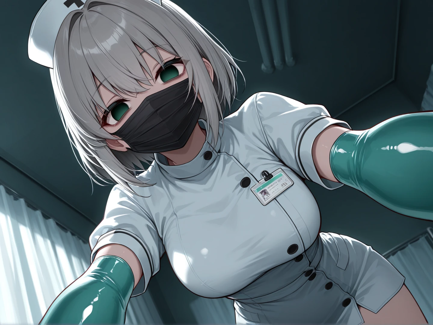 18 year old female, big double eyes, black ponytail, Wearing a white hair cap、wearing a mask, Wearing white medical dust-proof clothing、Wearing blue medical rubber gloves(let me fit)The whole body is stained with body fluids and semen.、while masturbating