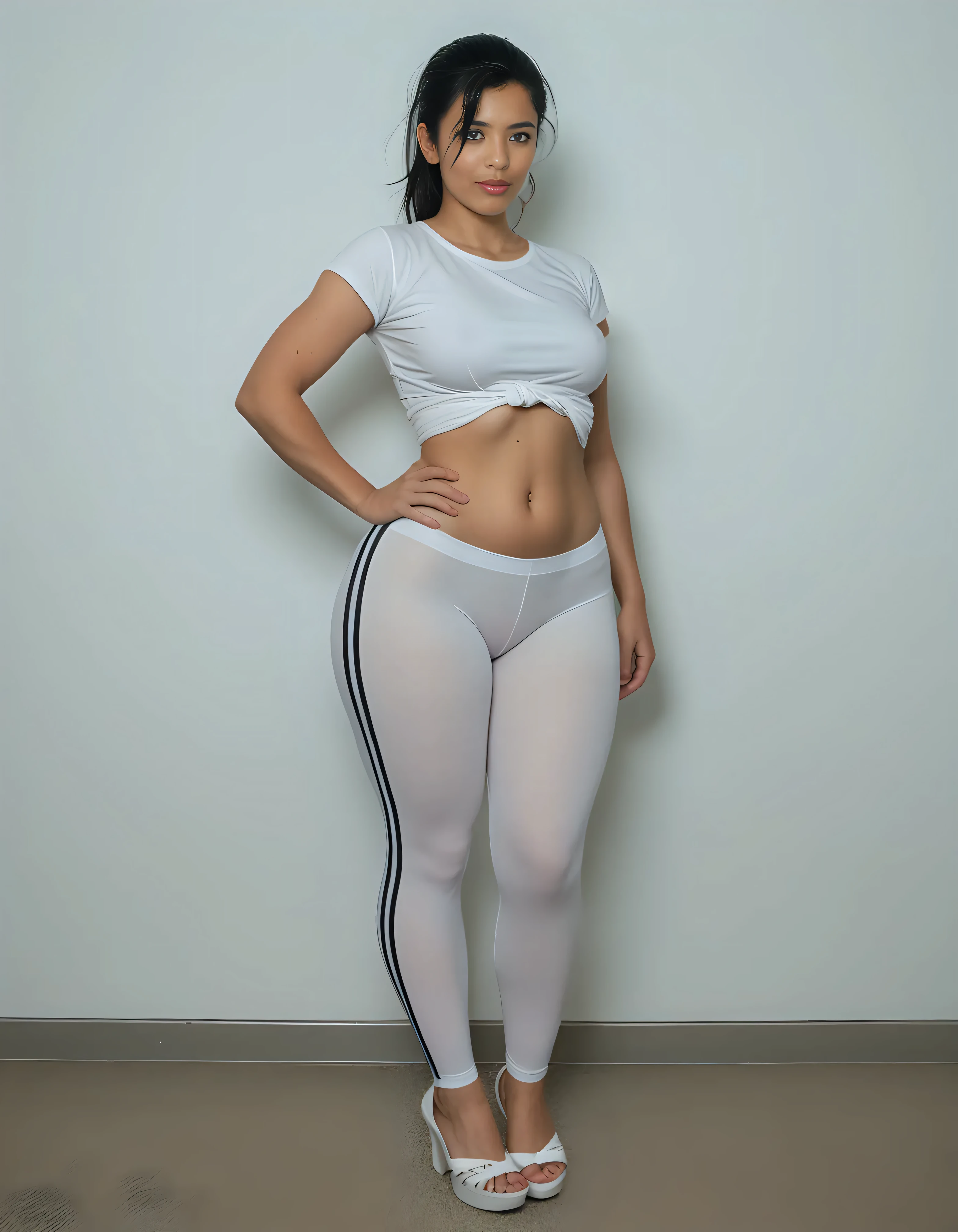 1girl, athletic toned body, large breasts, translucent white leggings, red sneakers, yellow bikini, beanie cap, braided blonde hair, defined female body, thick thighs, cybernetic body parts, short underwear, ultra-detailed skin, small waist, defined abdomen, full body, curvy body, (best quality,4k,8k,highres,masterpiece:1.2),ultra-detailed,(realistic,photorealistic,photo-realistic:1.37),HDR,UHD,studio lighting,ultra-fine painting,sharp focus,physically-based rendering,extreme detail description,professional,vivid colors,bokeh,portrait