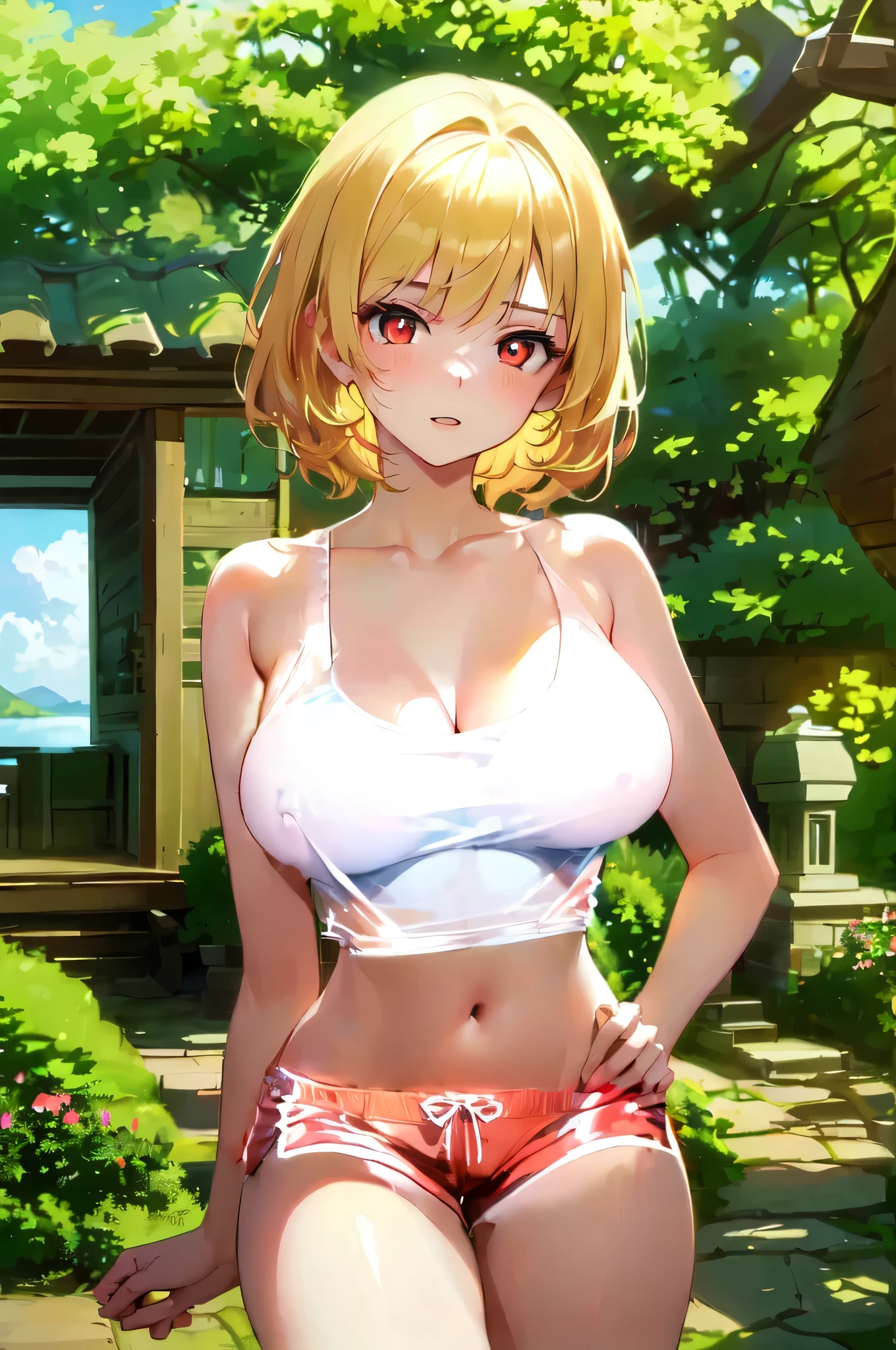 see through,Beautiful and fair、Radiant Skin, 3 Up, Gorgeous, bright, Fresh and gentle expression, Perfect beautiful face、Beautiful shiny bangs, A very beautiful 17 year old girl, Eyeliner, Very perfect eyes,Large breasts,Grooves reveal original skin,Muscular body,White skinny bikini,Blonde short hair