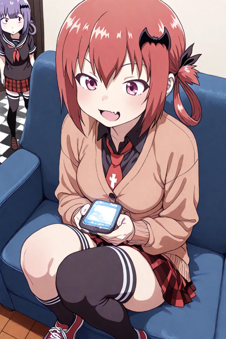 source_anime, satanichia kurumizawa mcdowell, hair ornament, cabello rojo, hair rings, bat hair ornament, ojos rosados, skin fang ,, Falda, shirt, school uniform, pleated Falda, tie, Shoes, socks, collared shirt, checkered, knee length stockings, black shirt, checkered Falda, cardigan, black socks, brown cardigan,, sofa, watching adult videos on the TV