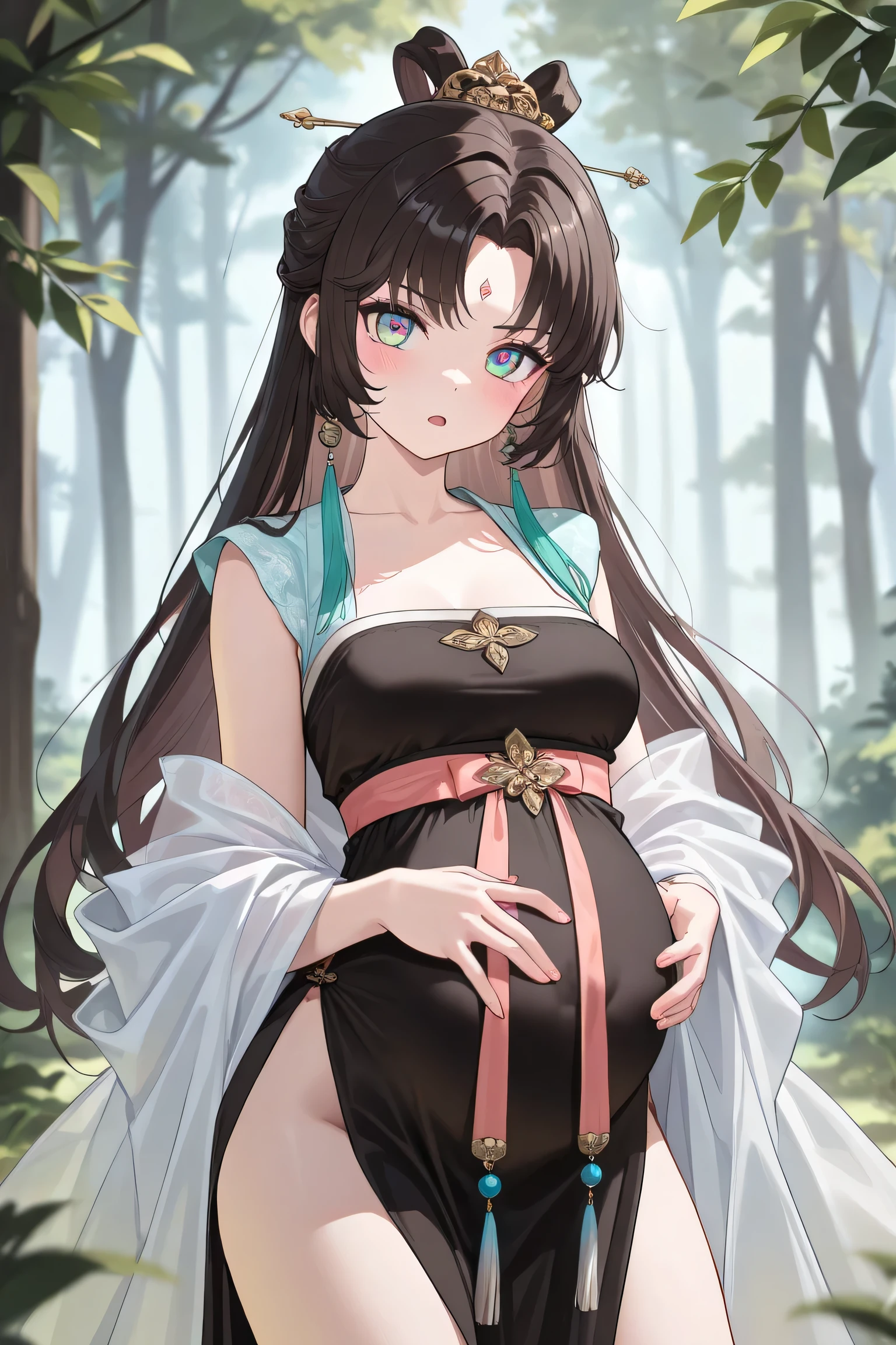 (best quality,a high resolution),Pregnant Burmese woman,belly,Show belly,Beautiful detailed eyes,Black hair,Perfect makeup,fit,Wear strapless tops,leggings,双手放在她的Show belly上,17 years old,Intense pregnancy glow,Stunning,standing in a blooming garden,There are colorful flowers around her,Vibrant green grass,Peaceful atmosphere,The soft sunlight shone on her,Create a warm and gentle feeling,Highlight her light.