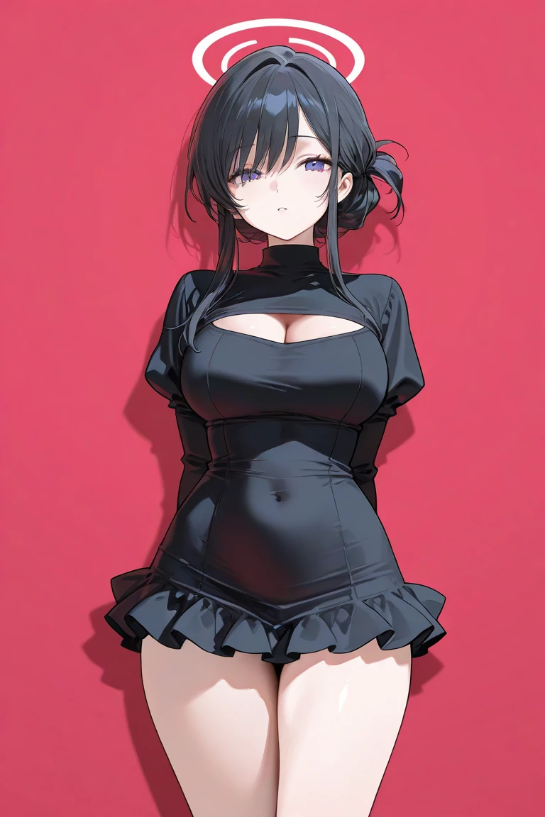 (anime art style:0.1), 2d, masterpiece, best quality, (very aesthetic:1.5), absurdres, dynamic shadows, atmosferic, (kitagawa marin), (1girl), ((black hair)), bob cut, ((ponytail)), medium hair, (red eyes), sparkle eyes, detailed eyes, eyelashes, ahoge, hair between eyes, bangs, medium breasts, cleavage, makeup, lipstick, (curvy body), big thighs, sexy, jewelry, strapless, long sleeves, fluffy dress, black dress, (long dress), lace-trimmed thighhighs, covered nipples, ((cowboy shot)), looking at viewer, standing, (from front), white background, simple background