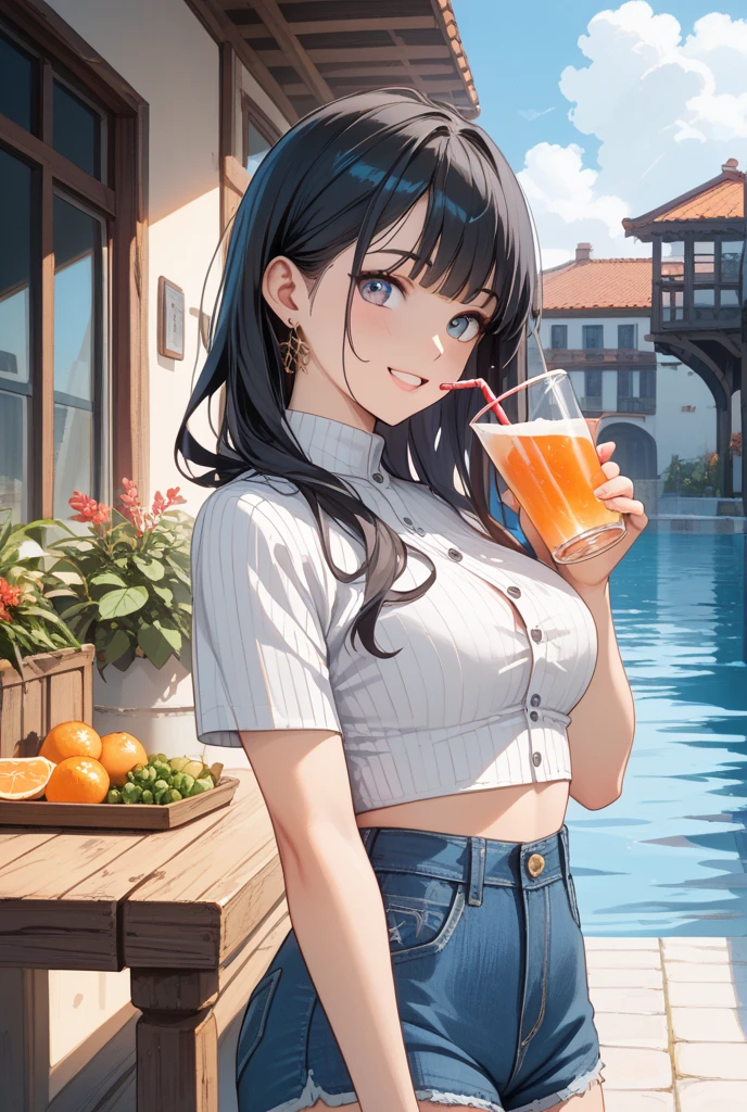 creates a 25-year-old woman sitting with her feet crossed holding a glass of orange juice wearing a brown leather miniskirt and a white tank top in a garden passage with tables and chairs