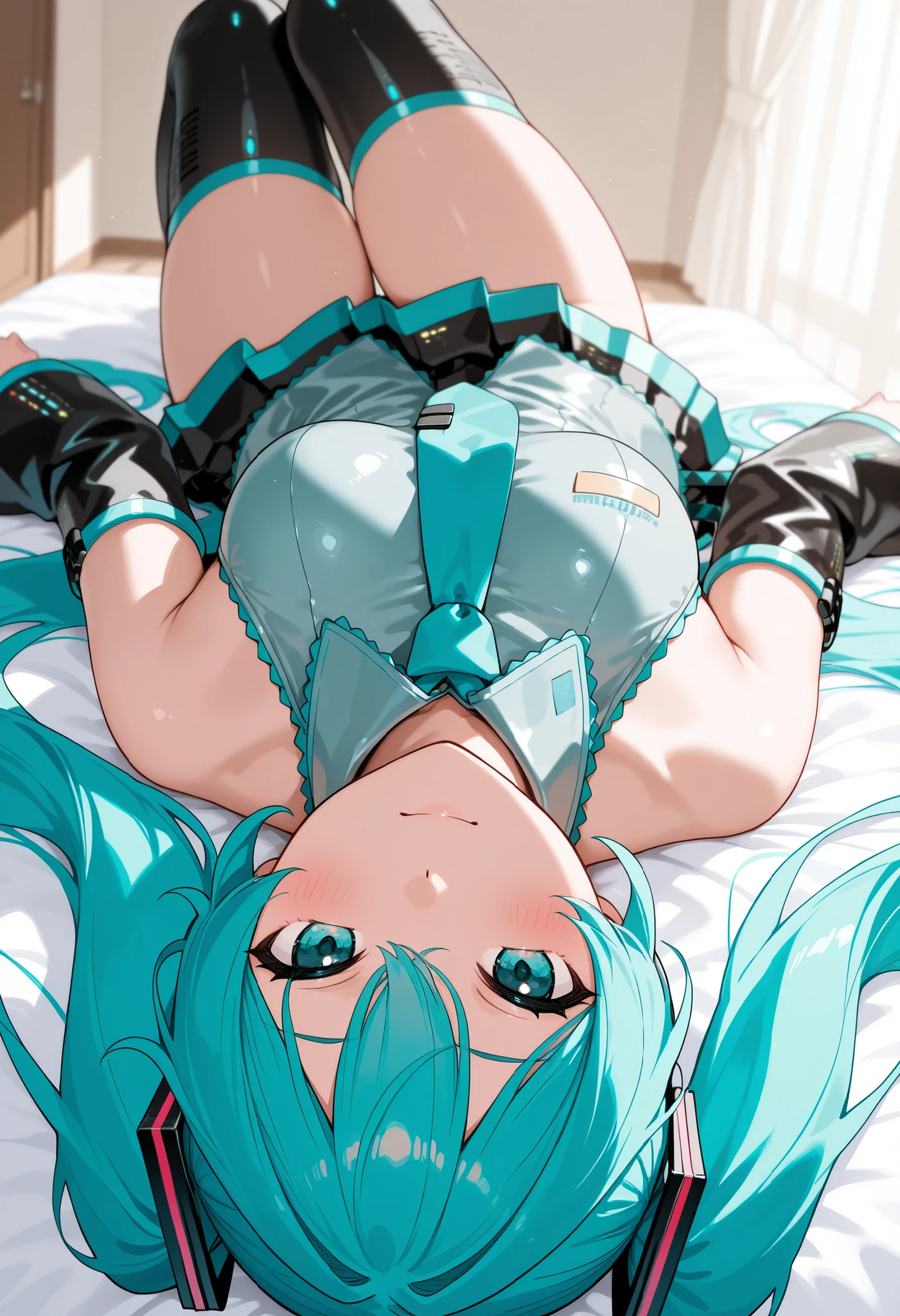 score_9, score_8_up, score_7_up, source_anime, BREAK, ((saz)), 1 girl, Hatsune Miku, laying on side, blue and white striped panties, cameltoe