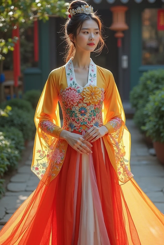 She wears a long autumn-colored dress,The colors are intertwined like maple leaves,It added a warm atmosphere to her。The skirt swayed gently with her steps,It was as if autumn leaves were dancing in the wind。