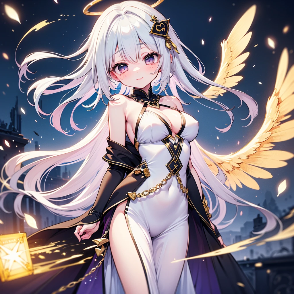 (Golden Ratio:1.2),[(white background:1.4)::10],(masterpiece), (best quality), (ultra detailed),(disheveled hair),(illustration),(1girl:1.3),solo,full body,tall and silm female,medium breasts,(celadon hair:1.3),(long messy hair),black eyes,(/blue skin:1.1/),(demon horns:1.3)+(angel wings:1.3)+(dark_halo:1.1),((long dress with gold trim:1.2)),greek god,(Hands hold soil with a sapling in it:1.3),(standing on broken stone floor:1.2)+(Ivory white temple load-bearing columns:1.3)+[(Inception:1.2)]