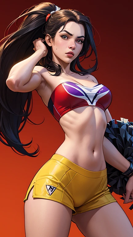 (((masterpiece+best quality+high resolution+ultra-detailed))), nico robin\(one piece\), long silky black hair, high nose, sharp eyes, noble and inviolable temperament, (([female]: 1.2 + [beauty]: 1.2 + black long hair: 1.2)), egypt scriptures background, (one piece), collared jacket, crop top, midriff, navel, sarong, short sleeves, (eyewear on head), hair slicked back, plunging neckline, cowboy shot, aqua eyes, dynamic angle and posture.