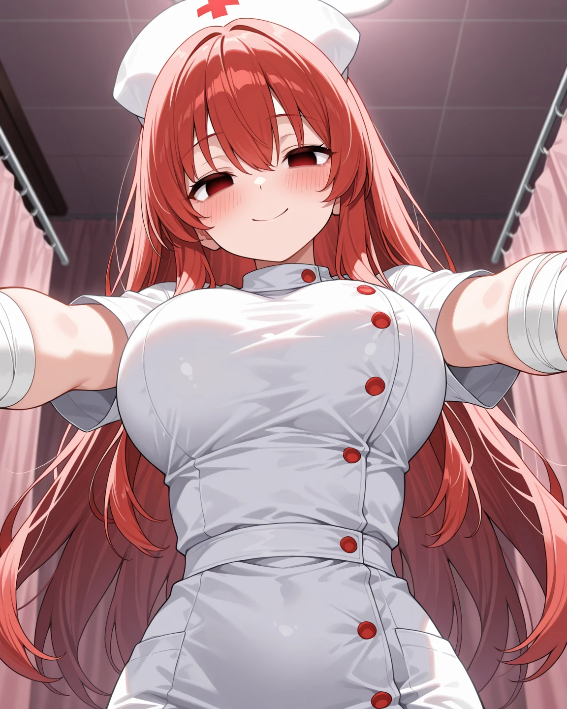 ((redder woman, with very long yellow hair, huge breasts, at the door of the room with her pussy wet with cum on the floor, in an apron, facing the specifier, completely naked))), with her daughter in front of her with folding arms, with a face of anger,