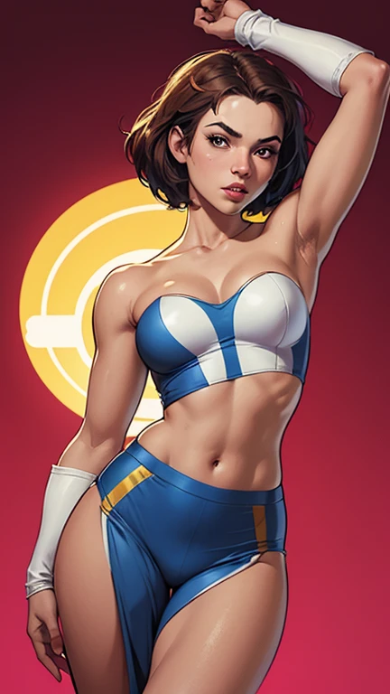 1woman, cleavage, in a spaceship, hands holding own hips, seductive smirk, big breasts, wide hips, big ass, Kimberly Jackson from street fighter,navel,standing,upper body, curvy,smile,standing,  toned, big lips