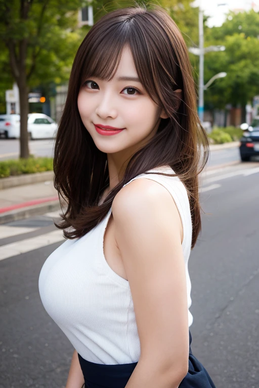 (masterpiece:1.2,Highest quality),Blur the background,One high school girl,((Tshirt)),(Big Breasts),((Sculpture Pose)),((Beautiful and beautiful eyes)),Blushed,Healthy Skin,Observe the audience,(smile),(Date in the downtown area),8K resolution