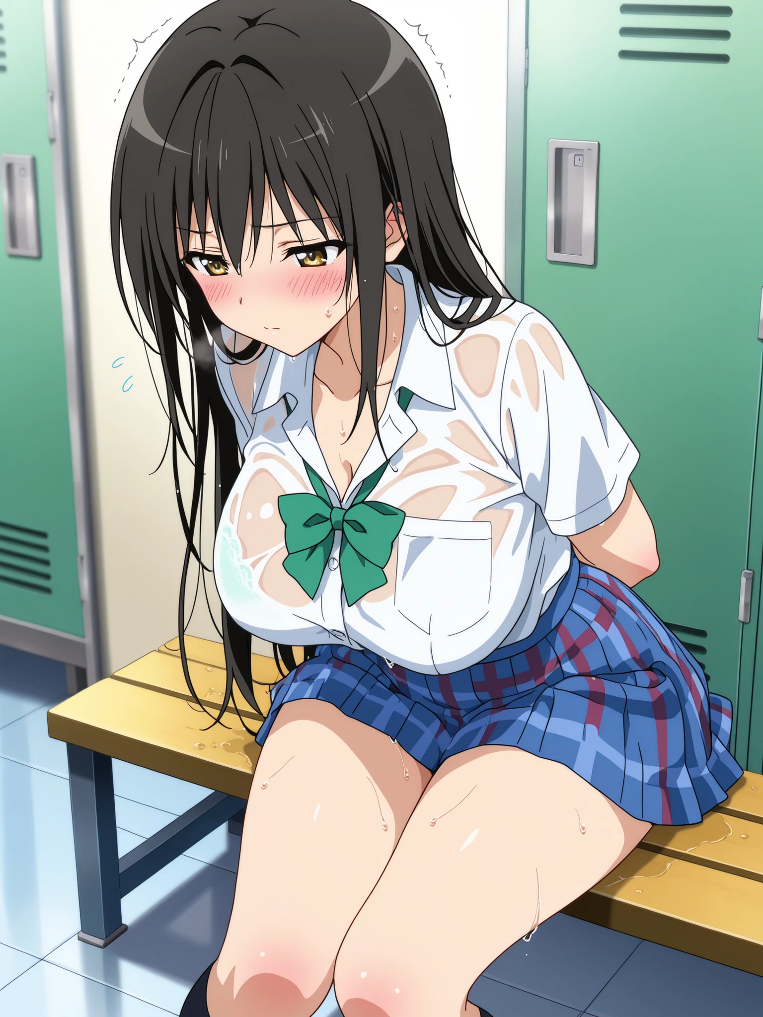 Close-up shots of sexy parts. Glamorous skin, Delicate, Wet skin feel, Busty elements, Sweat drops, Very delicate depiction of hair, Large breasts, Dynamic poses. Breasts, (masterpiece, top quality), very beautiful, Absurd, highly detailed CG unity 8K wallpaper, Spanish illustration, (glamorous look), anime style 4k,, anime moe art style, anime art wallpaper 4K, high quality anime art style,CUTE ANIME GIRL, depth of field, perfect hands, nice, familiar with digital animation art, anime art wallpaper 8k,,, 5_ others, 4_ others, 1_ parents also viewed, Face in love, blush, half closed eyes,
ToLOVEる / 古手川唯 (Kotegawa Yui)
Prompt:
Yui kneels on a tiled bench in a steamy locker room, her curvaceous body glistening with water from a recent shower. Her school uniform is haphazardly worn—her white blouse tied loosely to expose her enormous breasts, captured in a close-up shot that highlights their glossy curves, while the green checkered skirt is bunched around her hips, revealing her sexy thighs. Her long black hair, wet and adorned with a green ribbon, clings to her back, with strands framing her flushed face. Her pose is provocative—she leans forward on her hands, her breasts swaying, while her soles of feet, arched and dripping, are showcased in a tight close-up. Her expression is embarrassed yet aroused, with a shy blush and trembling lips. The high-angle shot from above captures her vulnerable yet enticing form, with steam and lockers creating a sultry atmosphere.