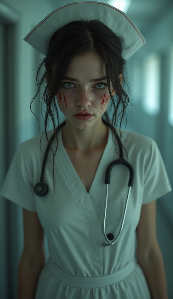 a dark twisted silent hill nurse, beautiful detailed eyes, beautiful detailed lips, extremely detailed face and skin, long eyelashes, sinister expression, tattered bloody nurse uniform, hospital gown, medical equipment, ominous lighting, dark shadows, gritty industrial setting, horror atmosphere, moody color palette, dramatic chiaroscuro lighting, (best quality, 4K, 8K, highres, masterpiece:1.2), ultra-detailed, (realistic, photorealistic, photo-realistic:1.37), highly detailed, cinematic, dramatic composition squat pose、Shaved pussy exposed
