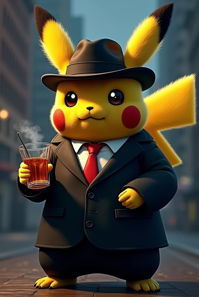 Pikachu avec un chapeau et un costume 3 pièce , une bière dans la main et le logo de la bière et communiste