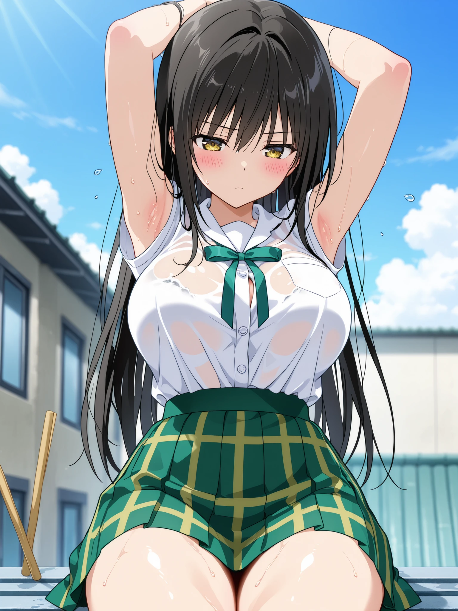 Close-up shots of sexy parts. Glamorous skin, Delicate, Wet skin feel, Busty elements, Sweat drops, Very delicate depiction of hair, Large breasts, Dynamic poses. Breasts, (masterpiece, top quality), very beautiful, Absurd, highly detailed CG unity 8K wallpaper, Spanish illustration, (glamorous look), anime style 4k,, anime moe art style, anime art wallpaper 4K, high quality anime art style,CUTE ANIME GIRL, depth of field, perfect hands, nice, familiar with digital animation art, anime art wallpaper 8k,,, 5_ others, 4_ others, 1_ parents also viewed, Face in love, blush, half closed eyes,   



ToLOVEる / 古手川唯 (Kotegawa Yui)
Prompt:
Yui sprawls across a wet rooftop bench during a sudden rainstorm, her athletic yet busty frame drenched and shimmering. Her school uniform clings to her curves—the white blouse translucent, highlighting her massive breasts in a close-up shot that captures their weight and shine, while the green checkered skirt sticks to her thick thighs. Her long black hair, soaked and adorned with a dripping green ribbon, clings to her flushed skin. She lies on her side, one arm propped under her head, the other hand tracing her glistening armpits, featured in a tight close-up. Her expression is a blend of irritation and reluctant arousal, with wide eyes and a pouty frown. The low-angle perspective from her hips upward emphasizes her commanding yet vulnerable silhouette against the stormy sky, with raindrops cascading over her body.

