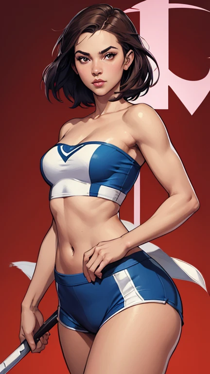 one asian girl, cartoon, 80s vintage gym, big smile, vintage, vintage gym clothes, gym, cuba, mexico, stand up, happy, sexy, maquiagem, covering her breasts, Lips are soft or colored, ruiva, cabelo ruivo, vintage GGA, fundo simples, sexy, vintage fitness fashion, vintage gym fashion, pinup, pin up, pin up hairstyle, 80s, vintage 80s hairstyle, stand up, postura ereta, provocante, happy facial expression, simple lighting and texture, begie background, feet, empowered, comic books, comic strips, and pulp magazines, bruce timm , levantando peso de academia