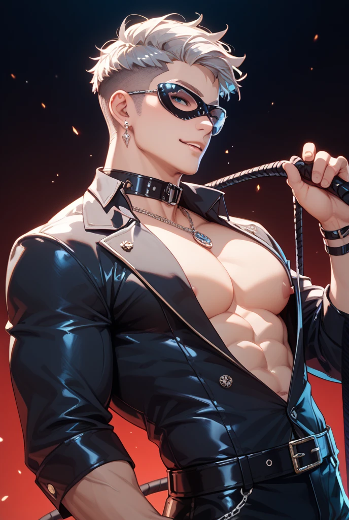 1boy, wide and very vivid black eyes, HD, masterpiece, vibrant, full body view, trendy hair, collar, naked, shiny, midnight, cool man, sweaty, nasty, white skin, embarrassing face, slender, bondage clothes