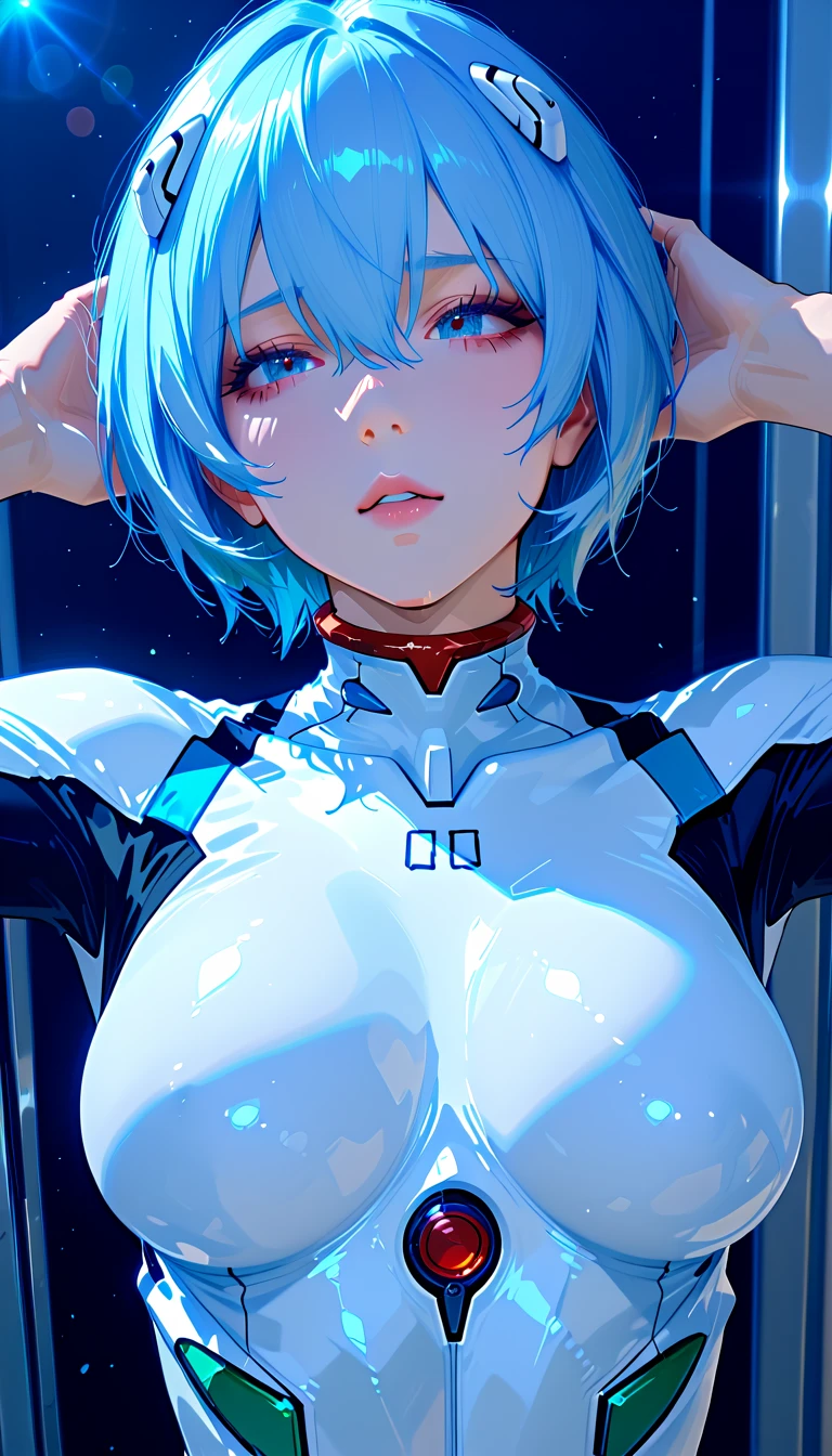 Woman on her back、Bodysuits、High leg、Small Ass、Large Breasts、Light blue hair、Pigtails、Lying down、high quality、masterpiece、fine