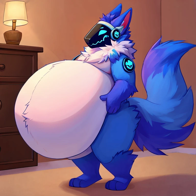 hairy，Blue fur，Super cute face，Shark marks on the fur，Tights，Fox ears，Beautiful lighting and shadows, Ambient Light, Extremely fine fur, Volumetric Light，Shark Tail，Huge belly，The abdomen is inflated
