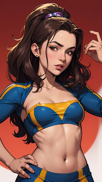 a beautiful man, extremely long hair , brown hair , light green eyes , brown skin+++, adult male ,Solo, male, skinny , effeminate, wearing a crop top , big hair , wavy hair , skinny body , full lips , has elf ears