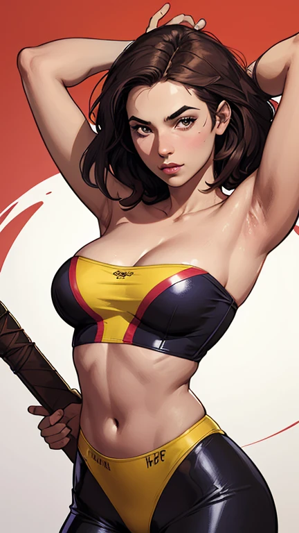 (high quality, best rendering), (beautiful girl), black hair(bombshell, pin-up style), psychopath, crazy face, sexy pose, 2 piece outfit, pastel, centered, scale to fit dimensions, micro thong, micro bikini, camel toe