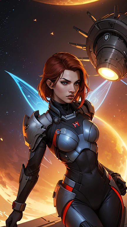 horizon, orange hair, short hair, blue eyes, 5,
spacesuit, navel,
standing, cleavage,
outside,
(insanely detailed, beautiful detailed face,beautiful detailed eyes, masterpiece, best quality),solo, <lora:horizon:0.8>