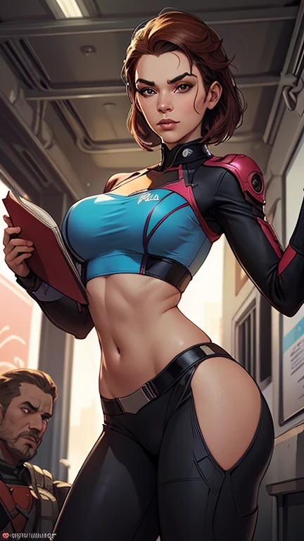 Personagem mulher estilo atompunk Fallout 4 cabelos pretos  atriz Ella Purnell com marcas de guerras Imagem de desenho animado de uma mulher .Ilustracaoo estilo desenho animado, estilo de arte dos desenhos animados, estilo de arte dos desenhos animados, digital illustration style, estilo atompunk design de personagens altamente detalhado, arte digital detalhada coragem,atriz Ella Purnell com cabelo preto e corpo esguio Forest fan art, Design de cabelos pretos personagens de retrato, beautiful digital illustration, retrato de alta qualidade, Arte em quadrinhos, s . Olhos delineados, medium bust and wonderful sexy clothes. image expression of sexual desire from waist to head illustration atompunk style Fallout 4 The perspective is from below, enfatizando a majestade e o poder da Gigante."atriz Ella Purnell cabelos pretos