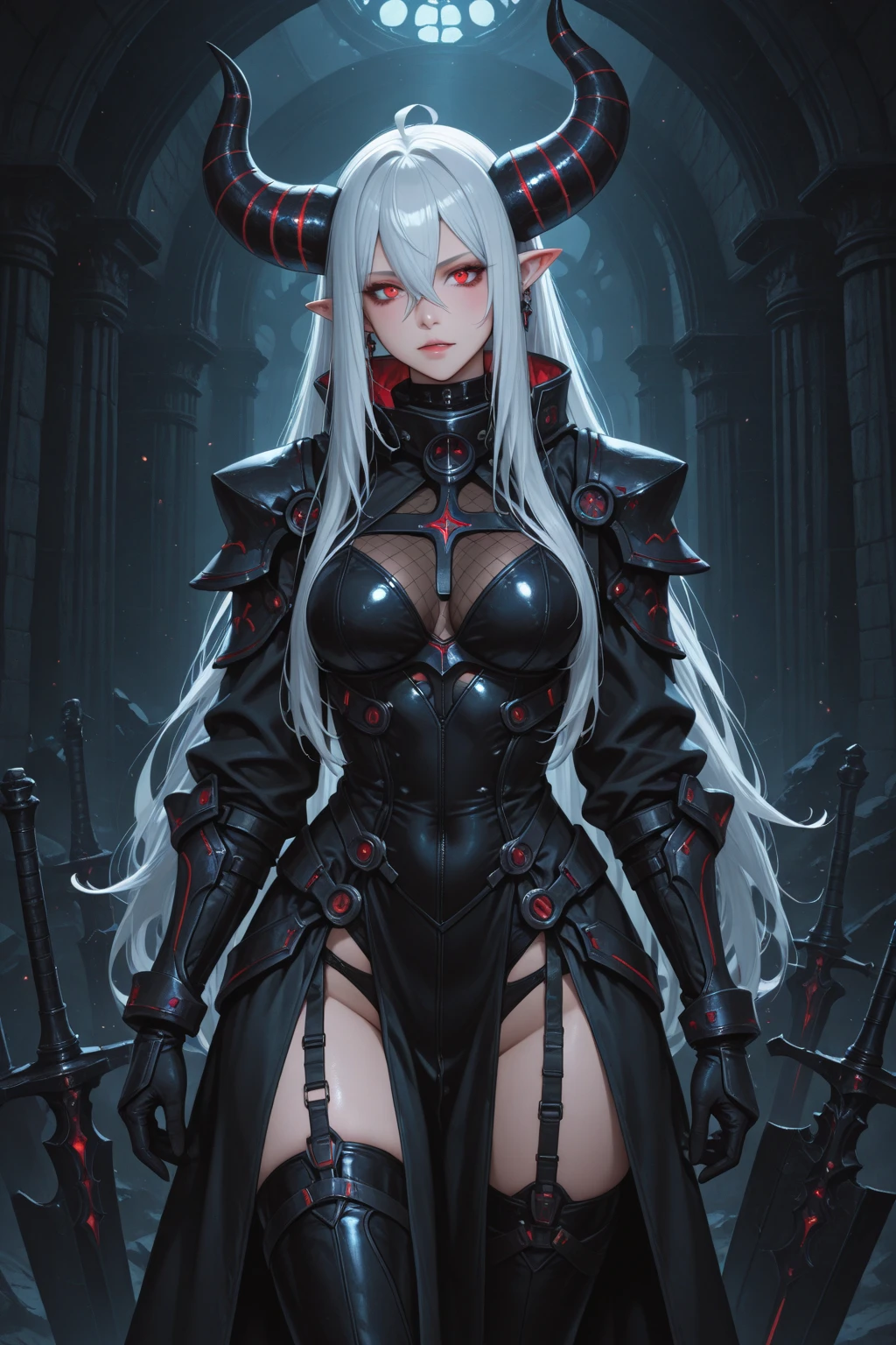 1girl, horror, (dark grey skin:1.5), true white long hair, ((perfect red eyes)), pointed ears, earrings, angry expression, highly detailed mechanical horns, (small breasts), ((black gothic prom dress)), wearing black fur cloak, bone armor, skull armor, volumetric lighting, ethereal fog, dark background, ultrasharp, best quality, masterpiece, realistic, anatomically correct, (strong cinematic lighting), ((rim lighting)), stunning details, intricate details, 8k post-production, high resolution, super details, sharp focus, depth of field f/1.8, studio photos, (((looking at camera)))