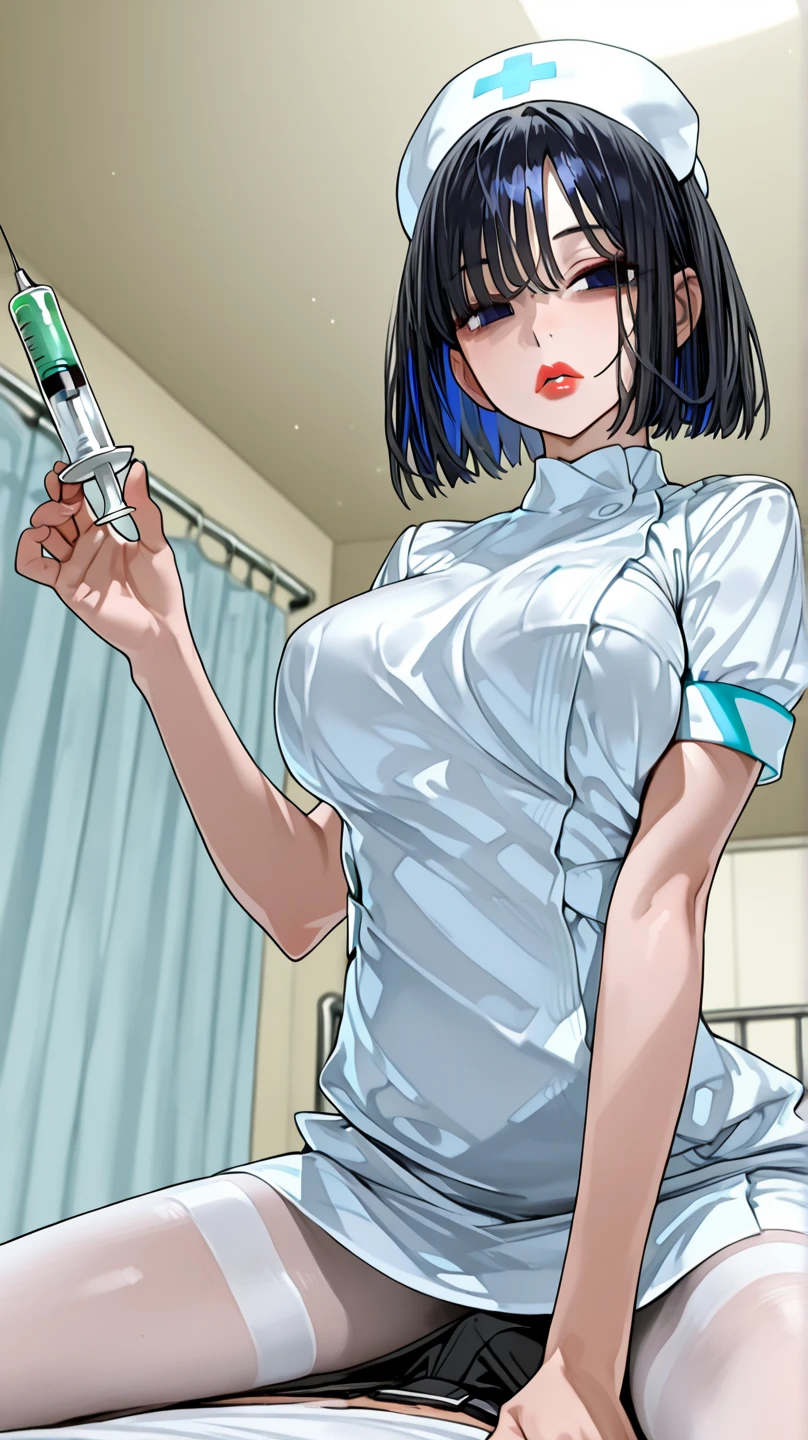 skin nurse,short dark blue hair,with big breasts,showing your chest nipples,with a serious look, showing her panties 
