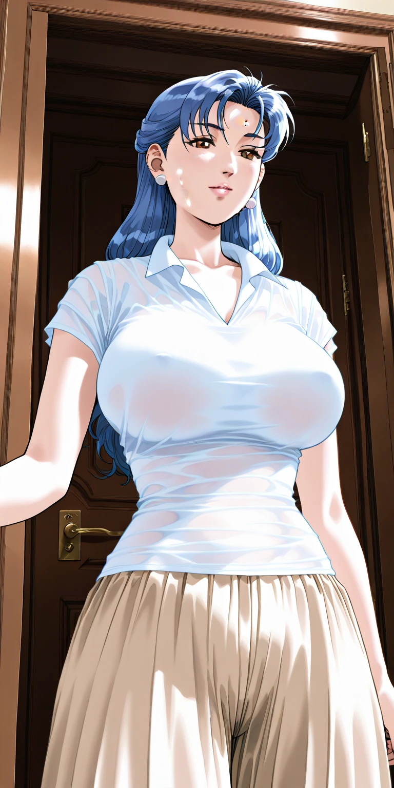 score_9, score_8_up, source_anime Bibl3, milf, busty milf, mature woman, dark blue hair, long hair, low ponytail, straight bangs, huge breasts, bouncy breasts, wide hips, full lips, vivid lips, aqua eyes, empty eyes, hypnotized, mesmerized, starring at viewer, open mouth, ribbed sweater, sleeveless, pencil skirt, standing at attention, hands at own sides, apartment, living room, blurred background, altered perception