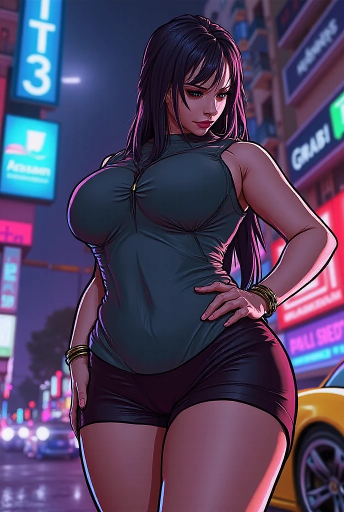 Bimbo with a big booty wearing pink tight revealing clothes masterpiece, best quality, black eyes, burgoly, straight hair, mocking _face, shiny skin, huge breasts, nice leg line: 1.3, thick thighs, thin waist, Cleavage_white_button-down_blouse, high-waisted_black_pencil_skirt, black_strappy_heels, gold_choker_necklace, black_leather_clutch, cityscape, looking at viewer, cowboy shot, upper body, night, narrow streets of Hong Kong, (neon:1.3)