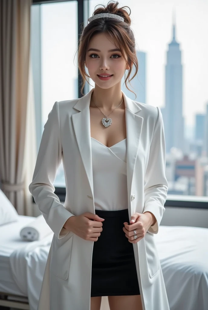 ((beautiful a girl:1.3))((office suit:White Blazer:white mini skirt:1.4))((panty shot:1.5)) ,((Mini dress in white:1.3))((button blouse_long sleeves:1.4)) ((hotel lobby:1.3)) ((walk towards me:1.4))((Thin_fabric:1.4)) ((random sexy pose:1.3)) ((flushed face:1.4)) ((medium breasts:1.2)) ((Close-up:1.2)) highest quality、muste piece、ultra high resolution、(photorealistic:1.4)、Raw photo、(real skin texture:1.3)、(film grain:1.3)、panorama、character portrait、very wide shot、thin waist、cowboy shot、(in the dark、deep shadow、moderate、cold light、)night、((loosely curled hair))、streaming tears、、dust、Tyndall effect、(expression)、1 girl、beautiful detailed eyes and face、white jabot、brown eyes、((brown super long hair:1.2)) ((whole body:1.3)) ((smile:1.3))