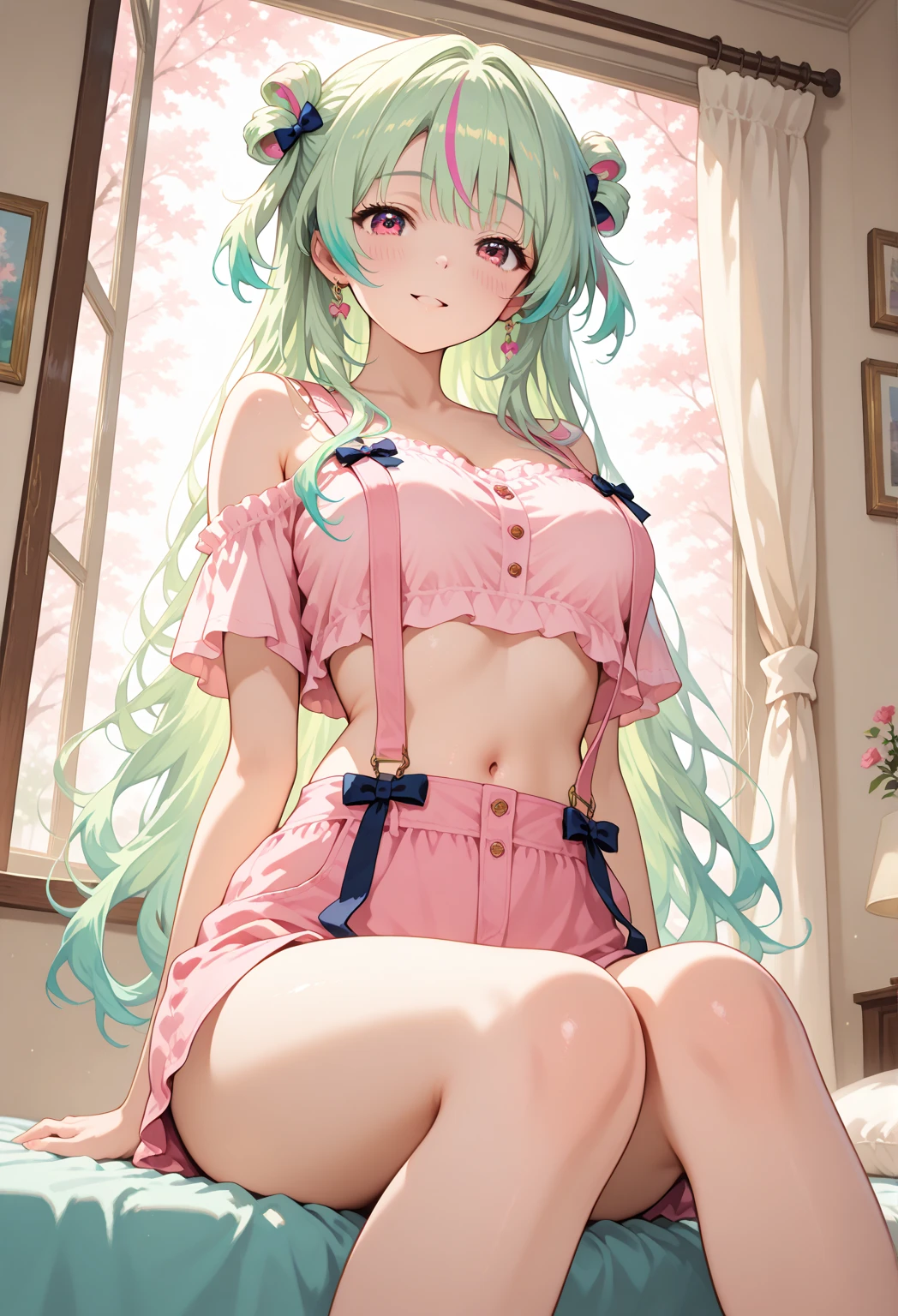 nsfw,1girl,1boy,vaginal,sex,Pink Lolita Clothes,Green hair,Pants stockings，Striped panties,Raising,Half-taken panties,blushed face,Cat ears，Pink eyes，Shoulder out,Navel out,Smile with open mouth,Light blue Lolita,Top image quality,Best Quality