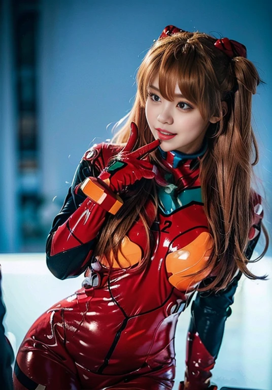 best quality, masterpiece, very high resolution, photorealistic, 1 girl, bare shoulders, smile, long brown hair, brown eyes, sinuous hips, soft red cheeks, ((medium aboundat breast)) Asuka Evangelion