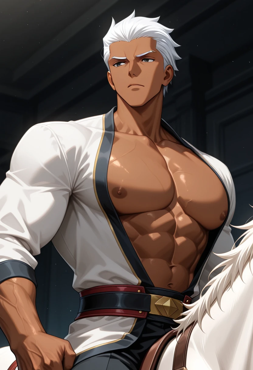 Best quality, masterpiece, ultra high res,detailed background,solo,male,bara,muscular,facial hair,mature male,thick thighs,looking at viewer,((naked under coat)),((public)) ,photo of muscular bearded (man) in a worn ((skin-revealing skimpy erotic white coat)), big arms, large bulge, erotic, exuding sexual energy, homoerotic, sharp focus, photo by greg rutkowski, soft lighting, (masterpiece), (detailed face), light smile,((no clothes)),((naked under white coat))
