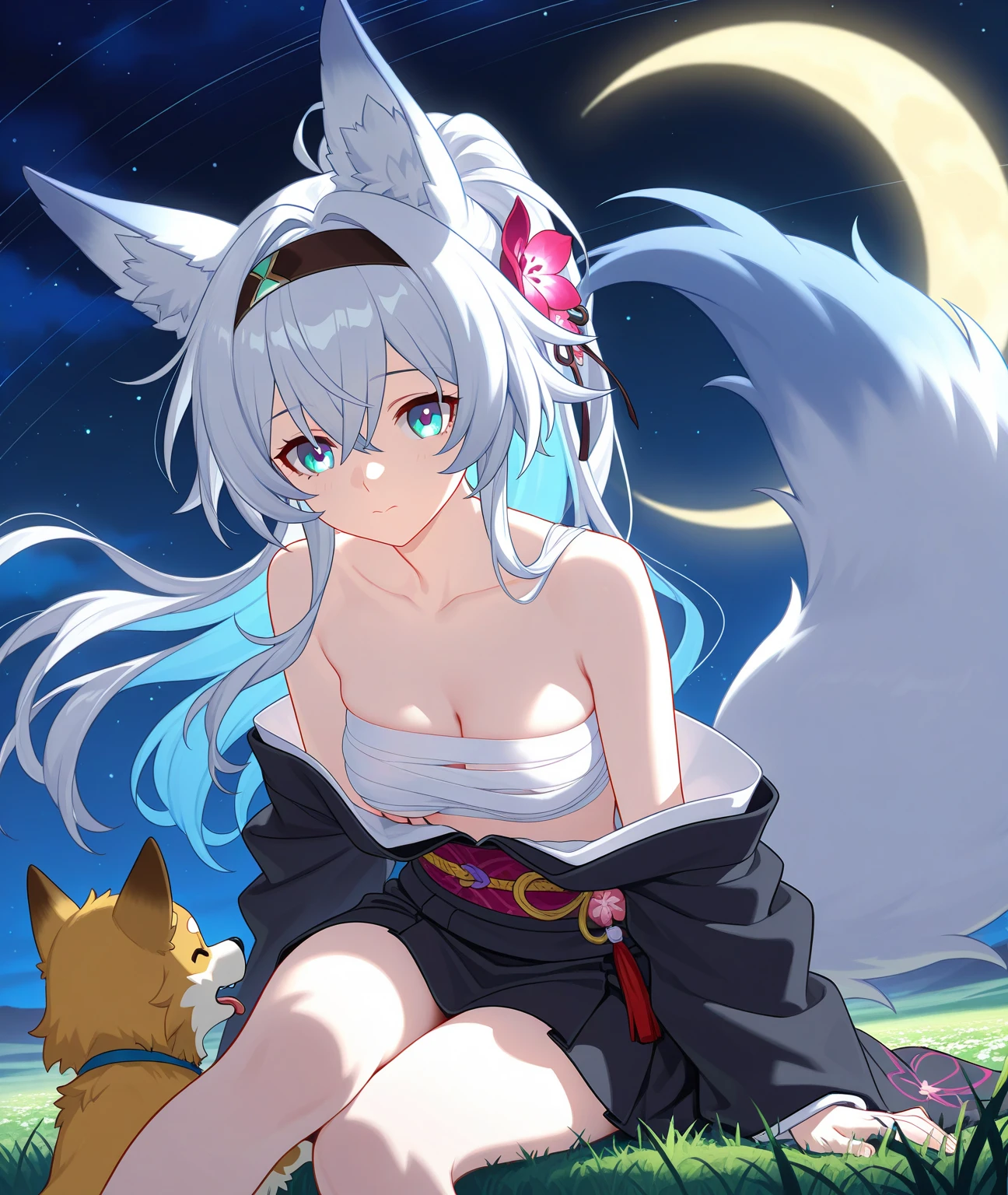 score_9,score_8_up,score_7_up,source_anime,cowboy shot,masterpiece,best quality,details background,blurry background,extremely detailed,1girl,shinano(azurlane),slver hair,long hair,blunt bangs,hair ornament,fox ears,animal ears,animal ear fluff,blue eyes,yellow eyes,cleavage,huge breasts,real brests,real nipple,real areolae,real vaginal,blush,(big silver fox tails),((completely nude)),(blush),(Sleepy eyes),BREAK,night,Fairy Butterfly,Lily of the valley,moon