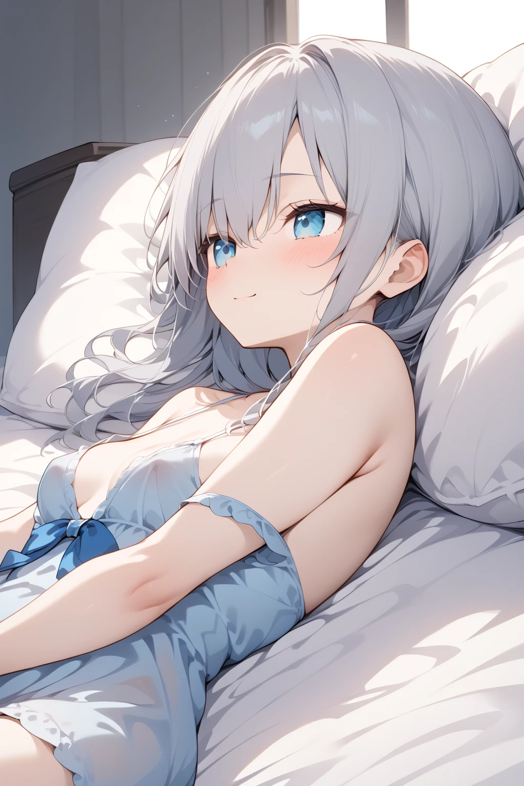 1 girl,pale hair,Crevice,Cleavage,pallid,pale colors,pale eyes,masterpiece,best quality,very aesthetic,absurdres,blue eyes,strapless