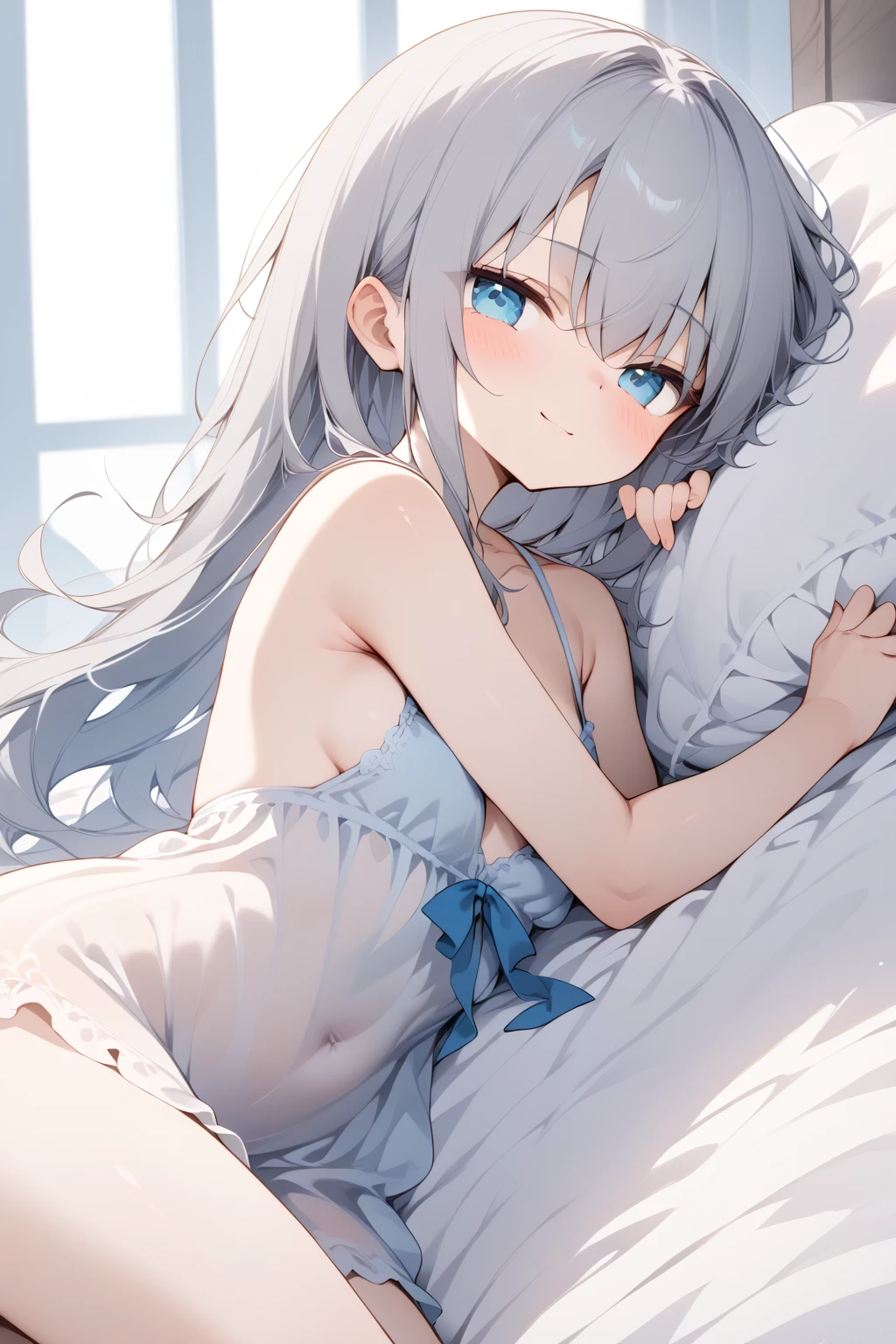 high quality, 最high quality、 Stylish design, (((The cutest girl))), ((Thin legs))、(((最high quality))), High resolution, ((detailed)), ((masterpiece)), ((Super detailed)), 14-year-old girl、(Inner color hairstyle)、((Lie on your back in bed)),((Sexy summer clothes)),((Sexual)),(((Shyness)))
