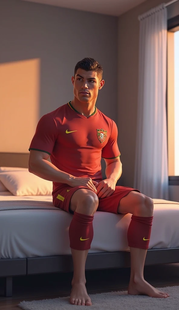 Cristiano Ronaldo, de cueca, na cor vermelha, sitting not sofa, corpo detalhado e soado