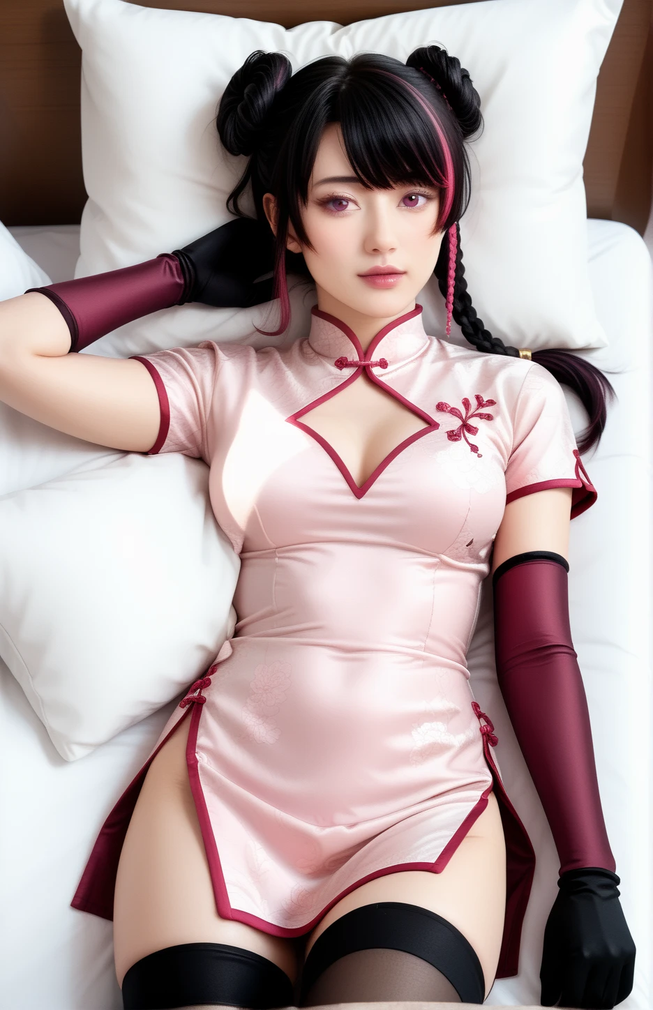 (masterpiece), (best quality), (Very detailed), Intricate details, Perfect anatomical structure, ue5 render, whole body, , Long hair, necklace, earrings, Small Breasts, Wristband,bedroom,big bed, hands on abdomen,Grab your chest with both hands,White socks,Star Hairpin,Scream,Sleeping on your front,Red Shoes,Lie down and sleep